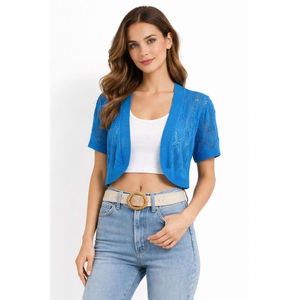 I.N. Studio Blue Crochet Cardigan L Ramie Cotton Short Sleeve Open